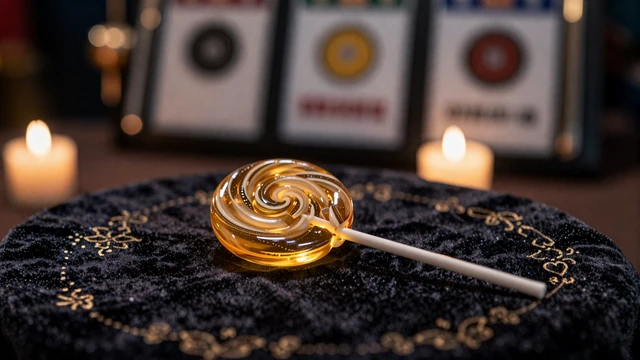 Goldene CandyCoins-Lutschermaske auf dunklem Samt vor verschwommenen Slot-Rollen im Iris Casino