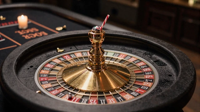 Dunkler Samt-Casinotisch mit goldener Roulette und CandyCoins-Akzent im Iris Live Casino